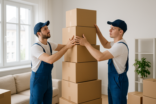 Umzugshelfer stapeln Kartons in Magdeburger Wohnung