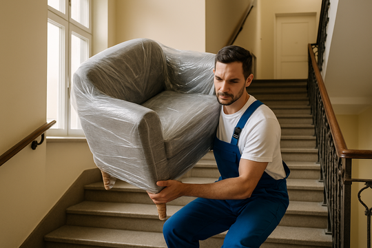 Umzugshelfer Magdeburg tragen Sofa die Treppe hinunter
